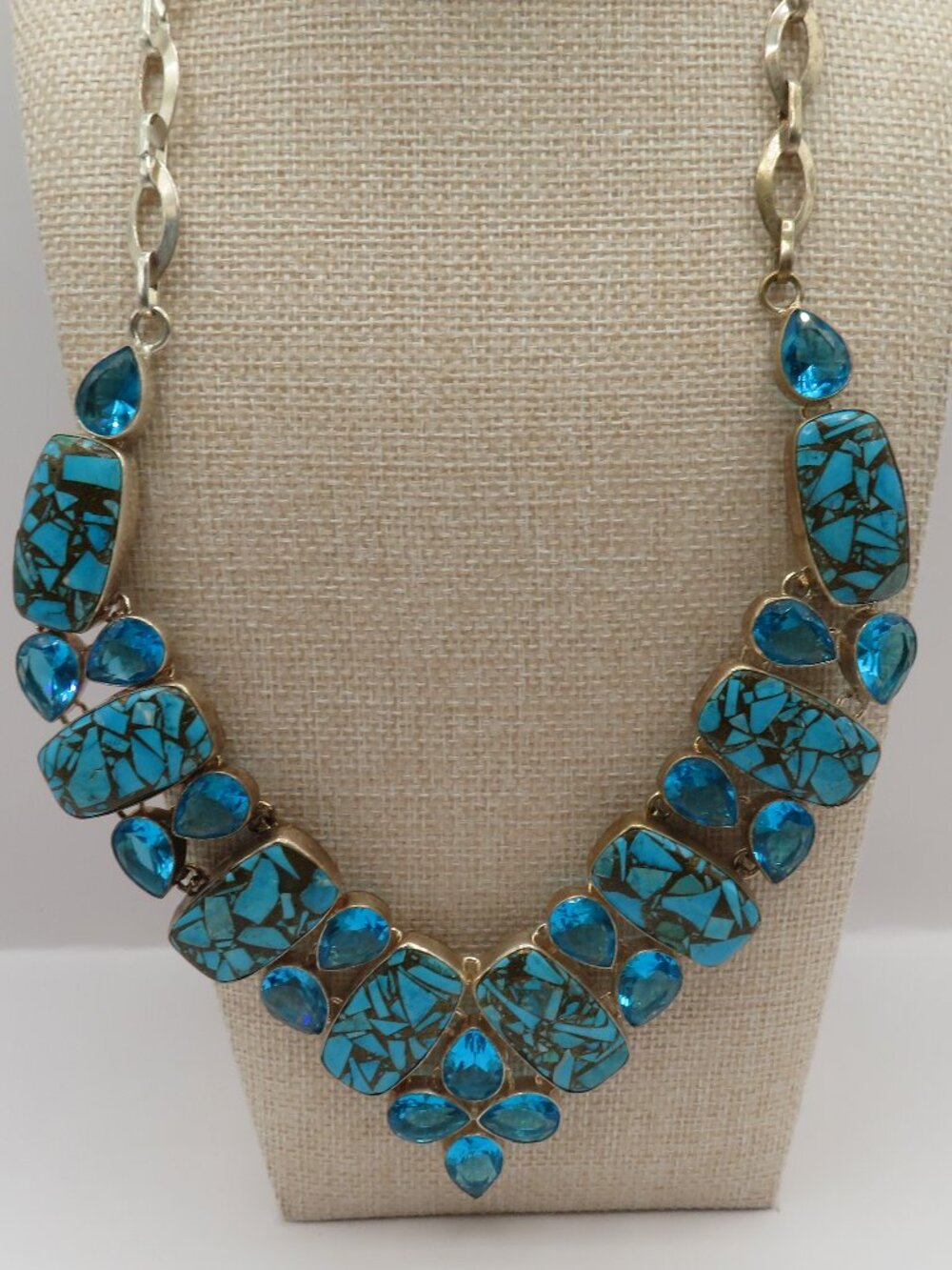 Blue Stone and Glass Silver Tone Bib Style Statement Necklace
